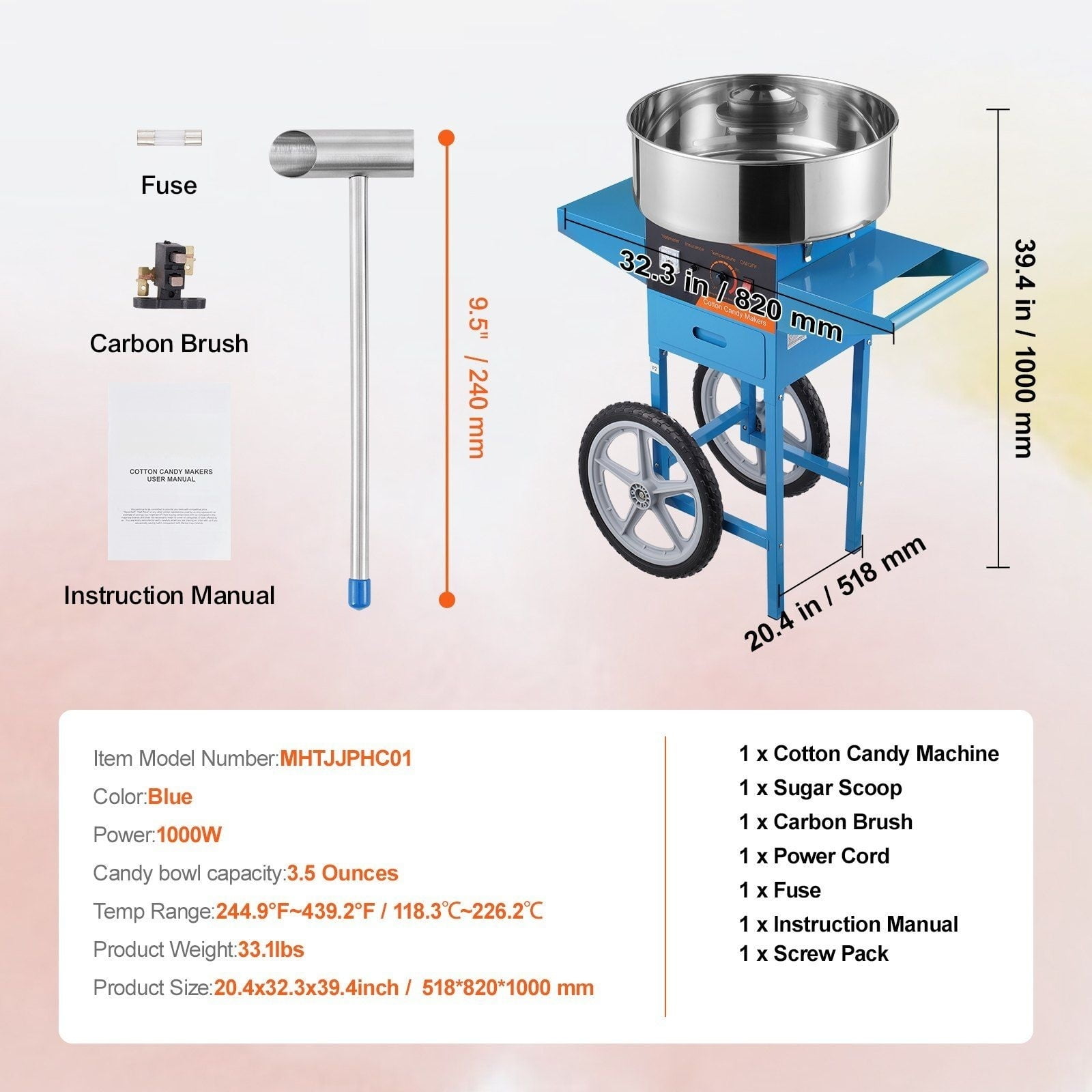 Cotton Candy Machine Commercial, 1000W Electric Candy Floss Maker with Cart, Stainless Steel Bowl, Sugar Scoop, Blue - for Parties & Events