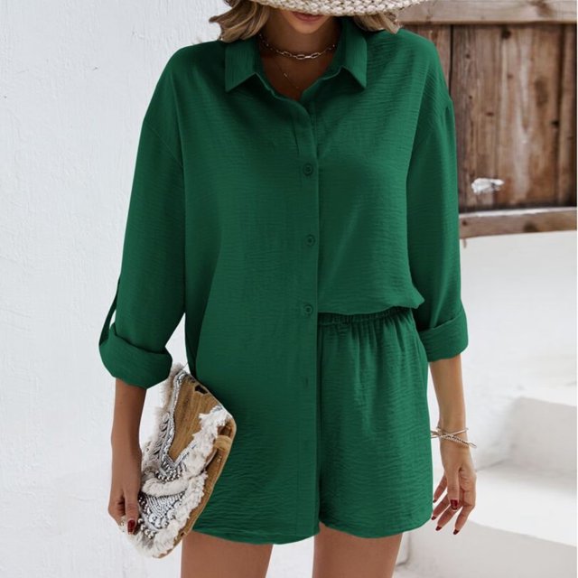 Trajes De Verano De 2 Piezas Blusas de mujer Top Shorts Color sólido Cintura elástica Traje diario de un solo pecho Cgtredaw Verde M para Mujer