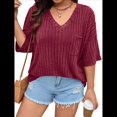 thumbnail image 3 of Camisetas con Cuello en V para Mujer, Blusas de Punto A Rayas de Media , Corte Holgado, Color Vino Tinto XXL, 3 of 8