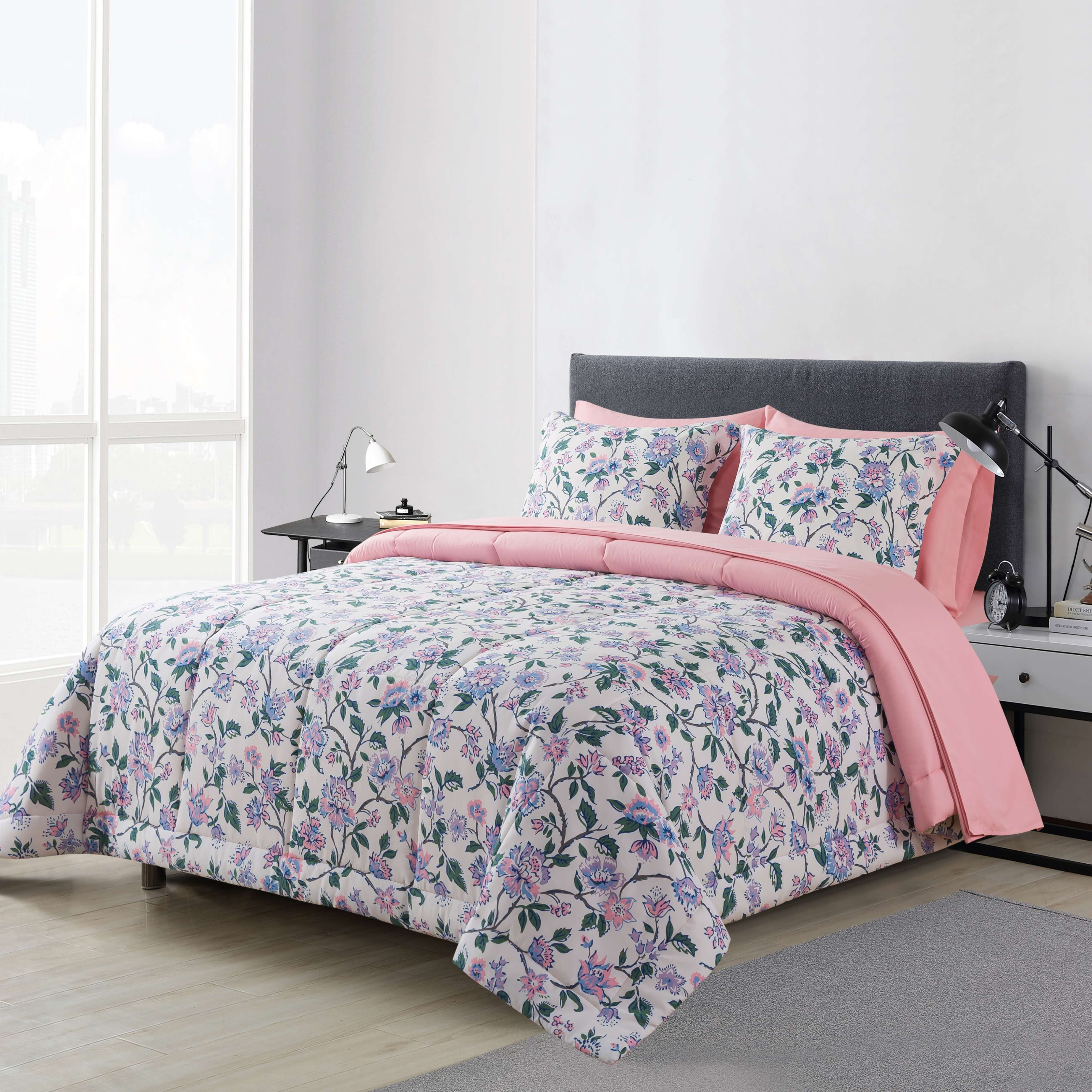 Mainstays 7-Piece Reversible Bed in a Bag with Laundry Tote, Purple Floral, Queen