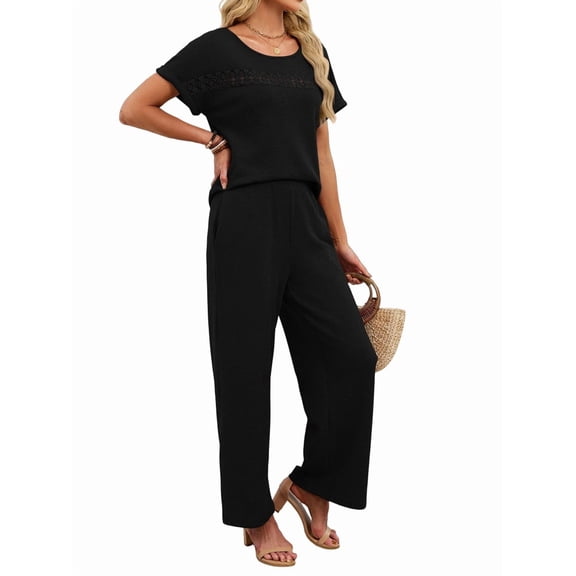 Two Piece Sets for Women Summer Travel Vacation Outfits Cap Sleeve Lounge Matching Sets Wide Leg Pants Black XL