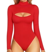 SMZ Mock Neck Cutout Front Top Long Sleeve Bodysuits for Women Cutout Bodysuit Piece Bodysuit