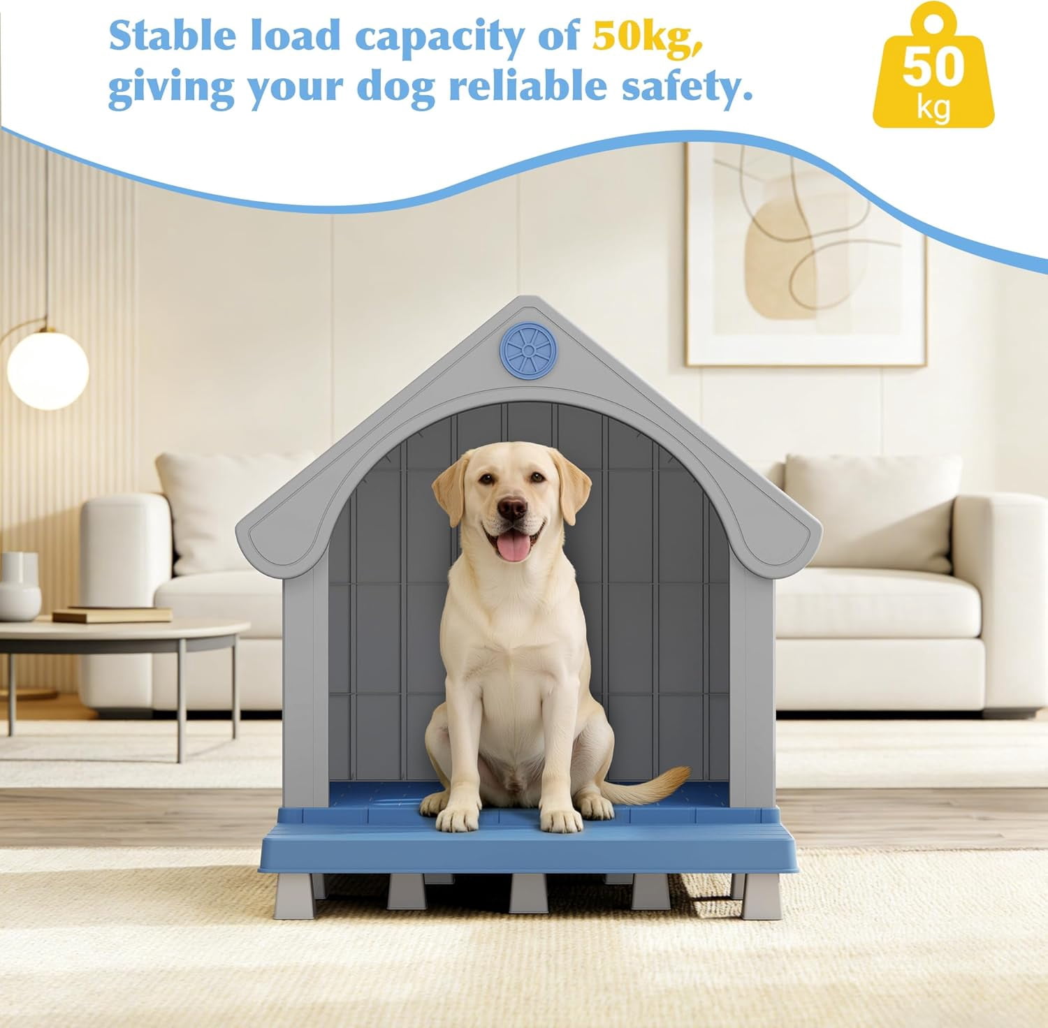 Dog House Outdoor Weatherproof with Porch for Small Medium Dogs, Durable Plastic Pet House with Sloping roof and Elevated Floor, Easy Cleaning and Assemble (Blue)