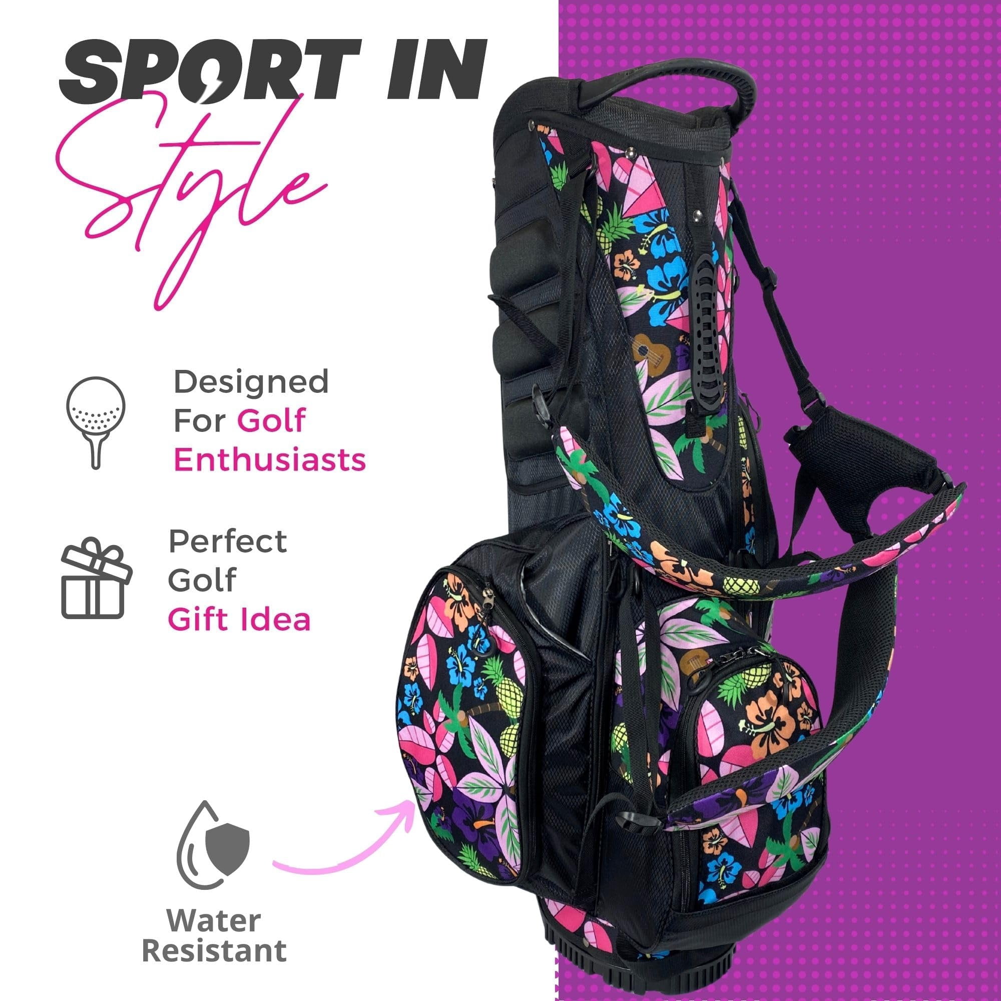 Women's Lightweight 4-Way Women's Golf Stand Bag | Taboo Fashions Stand Bag | Range Bag, Par 3, Executive Course | Self Flexing Stand, Adjustable Strap (Tropical Paradise)