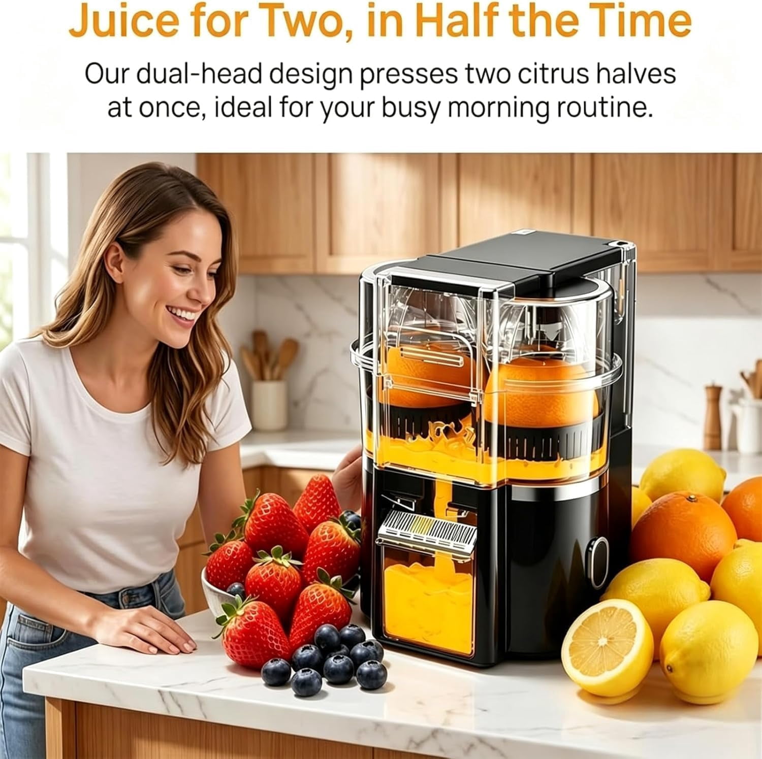 Dual-Head Automatic Citrus Juicer, 2026 Upgraded Detachable Dual-Head Electric Citrus Juicer with Built-in Cutter and Cleaning Brush, Electric Orange Juicer Machine for Home (Black)