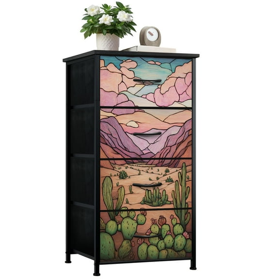 Dresser for Bedroom with 4 Storage Drawers Stained Glass Desert Landscape Pastel Hues Cacti Dressers Chest of Drawers Steel Framed Fabric Closet Organizers for Entryway