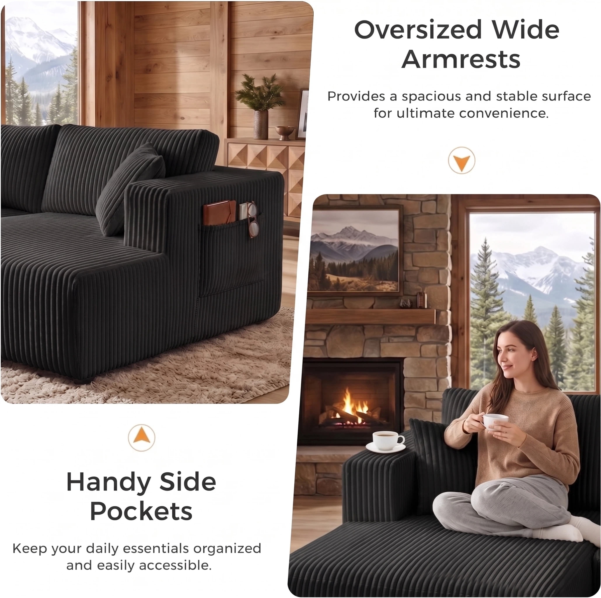 AISWORD 132" U Shaped Modular Sectional Sofa, Comfy Cloud Boneless Sofa with Chaise and Side Pockets, Memory Foam Sleeper Sofa for Living Room, Black