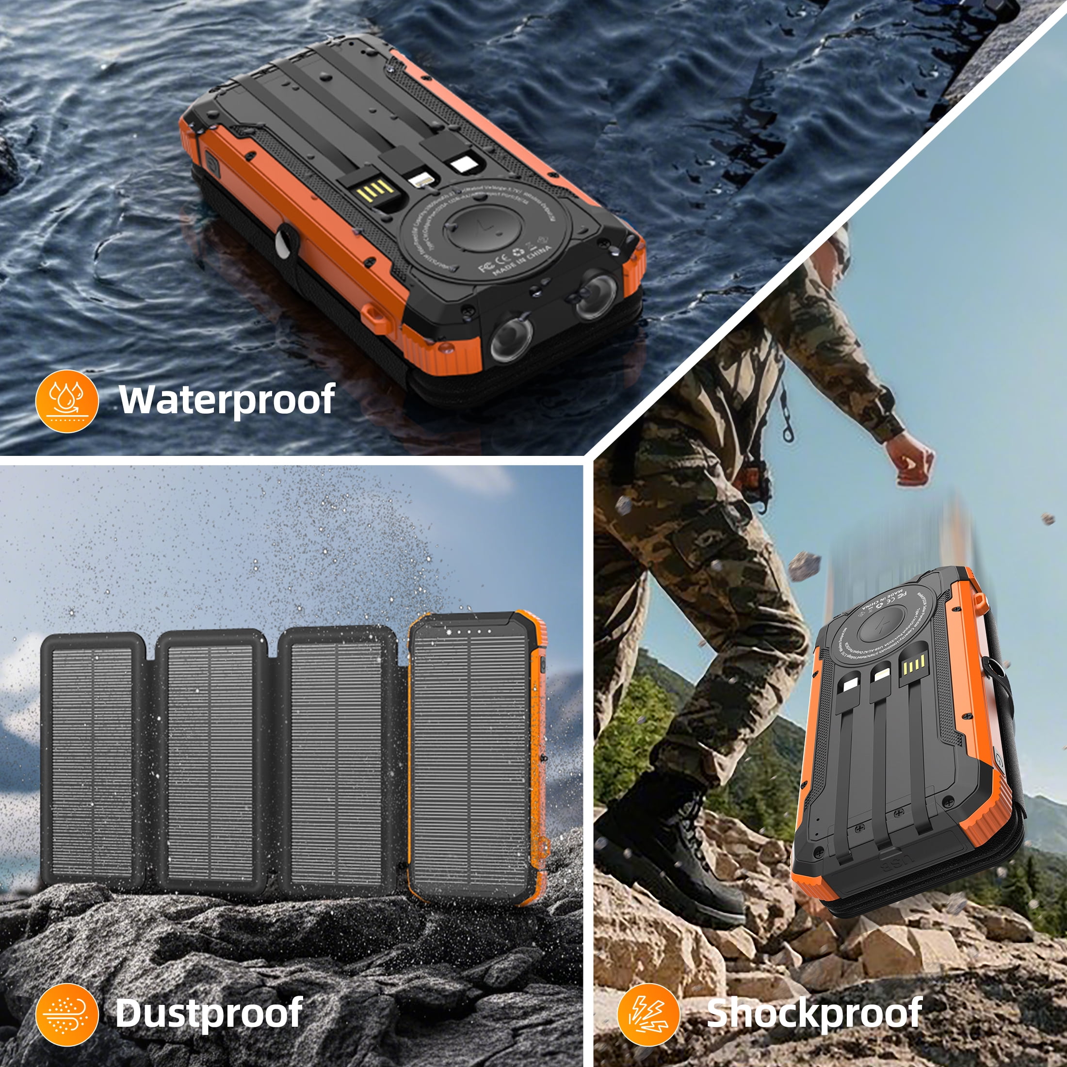 SOLPOWBEN 20000mAh Solar Power Bank With 4 Solar Panels,Portable Charger with Built-in 3 Cables and 22.5W Fast Charging,Phone Charger Compatible with iPhone/Android-Camping/Travel Essentials(Orange)