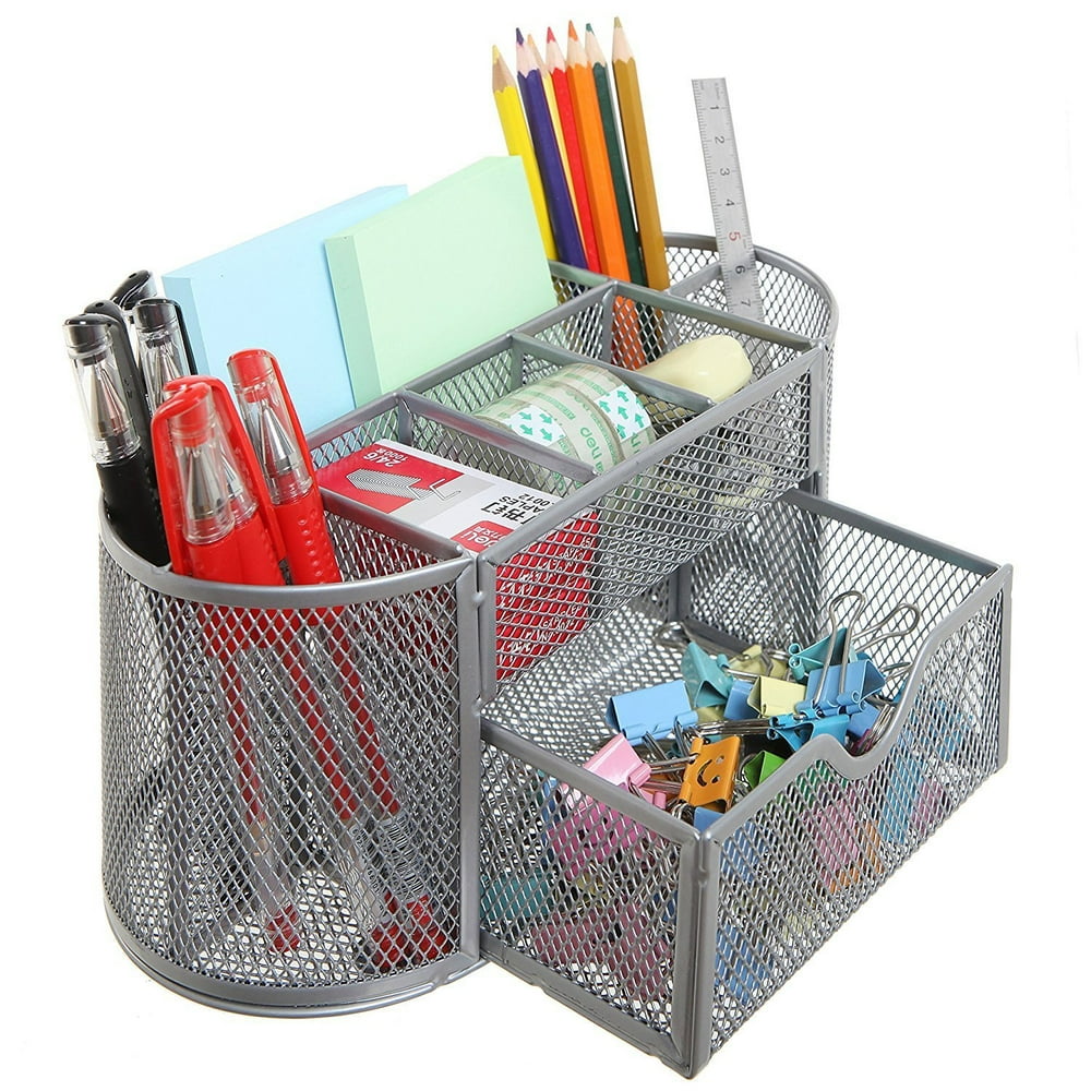 Metal Mesh Desktop Organizer Wire Office Desk Stationery Caddy School