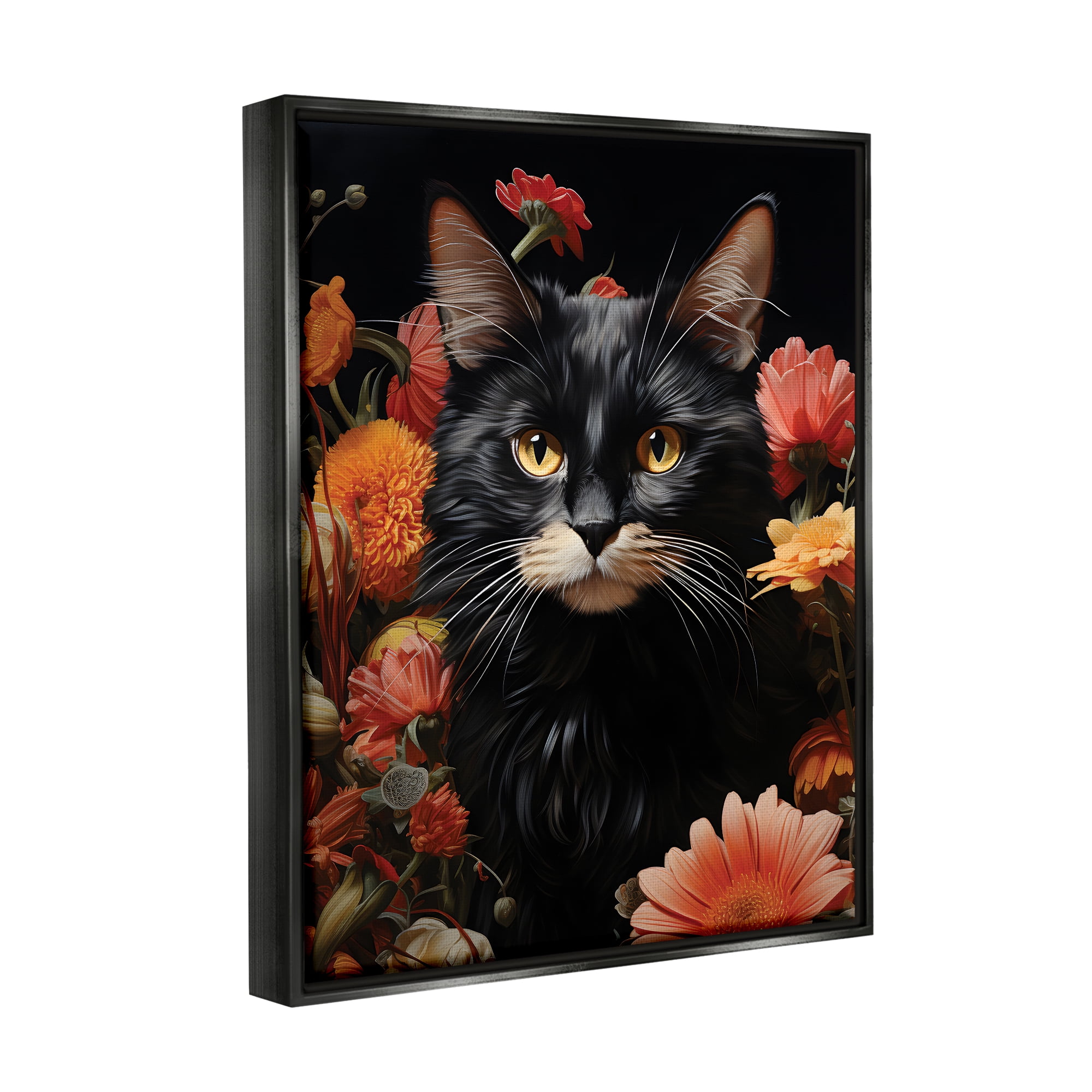 Stupell Industries Cat & Blooming Flowers Animals & Insects Painting Black Floater Framed Canvas Art Print Wall Art, 25 x 31