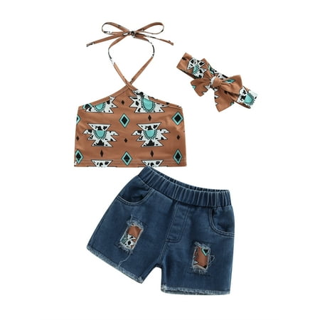 

Qtinghua Toddler Baby Girls Summer Clothes Sleeveless Strap Cami Crop Top Denim Shorts Pants 2Pcs Outfits