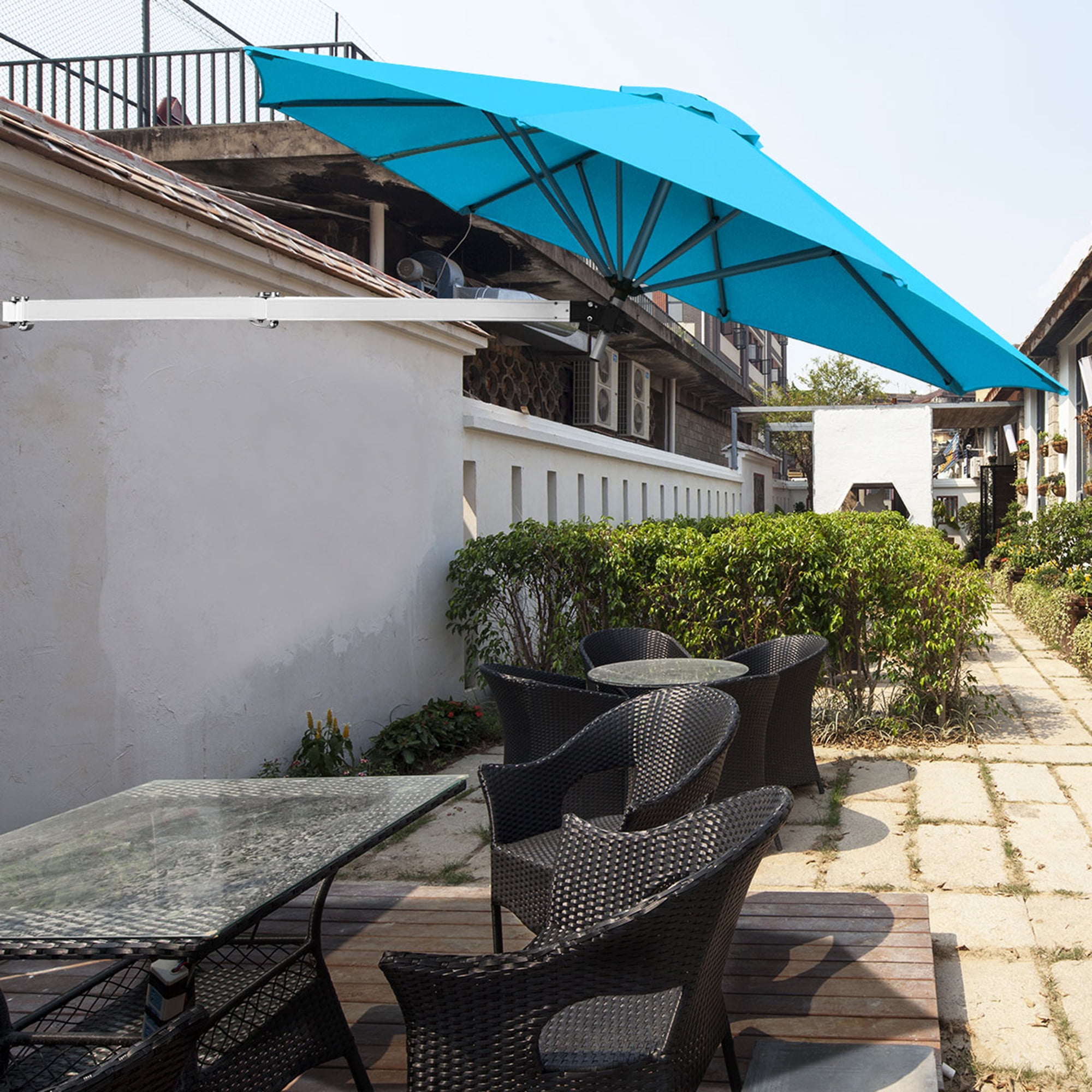 Topbuy 8ft Wall Mounted Cantilever Umbrella Patio Adjustable Tilting Sunshade Umbrella Blue