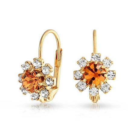 Gold Plated Brass Crystal - Orange And White Crystal Flower 18K Gold Plated Brass Leverback Drop Earrings For Women