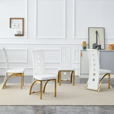 NYEESS Modern Dining Chairs Set of 4, White Dining Room Chairs Set of 4, Upholstered PU Leather Kitchen Chairs with Gold Metal Legs, High Backrest Armless Seating for Kitchen, Dining Room