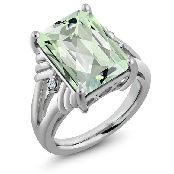 Gem Stone King 925 Sterling Silver Green Prasiolite and White Moissanite Engagement Ring for Women (6.63 Cttw, Gemstone Birthstone, Emerald Cut Checkerboard 14X10MM, Size 8)