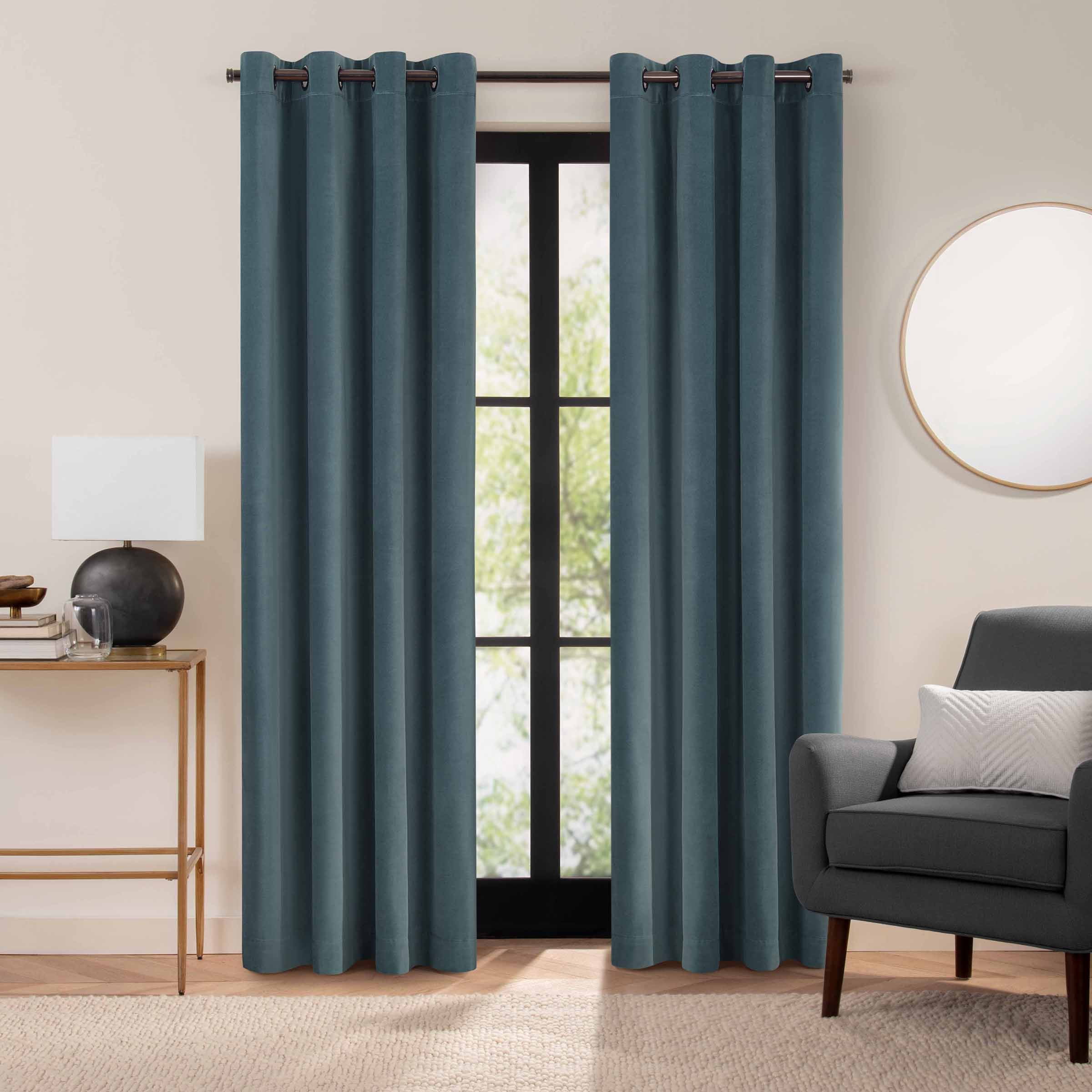 Eclipse Luxury Cotton Velvet, 100% Blackout, Grommet, Single Curtain Panel, 50"x96", Mineral Blue