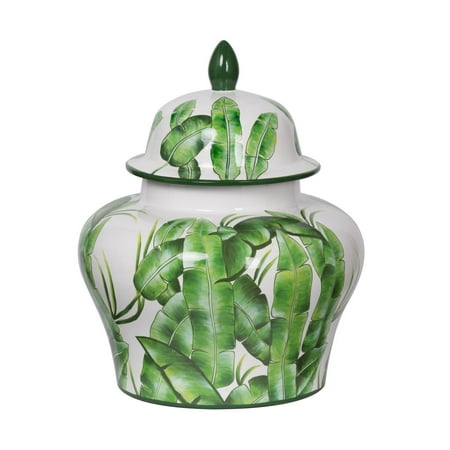 A & B Home Lovise Palm Lidded Urn With its curvaceous urn shape  the A and B Home Lovise Palm Lidded Urn is a visually striking addition to any room in your home.Green tropical palm leaves and matching trim bring this lidded urn an exotic vibe you ll love.