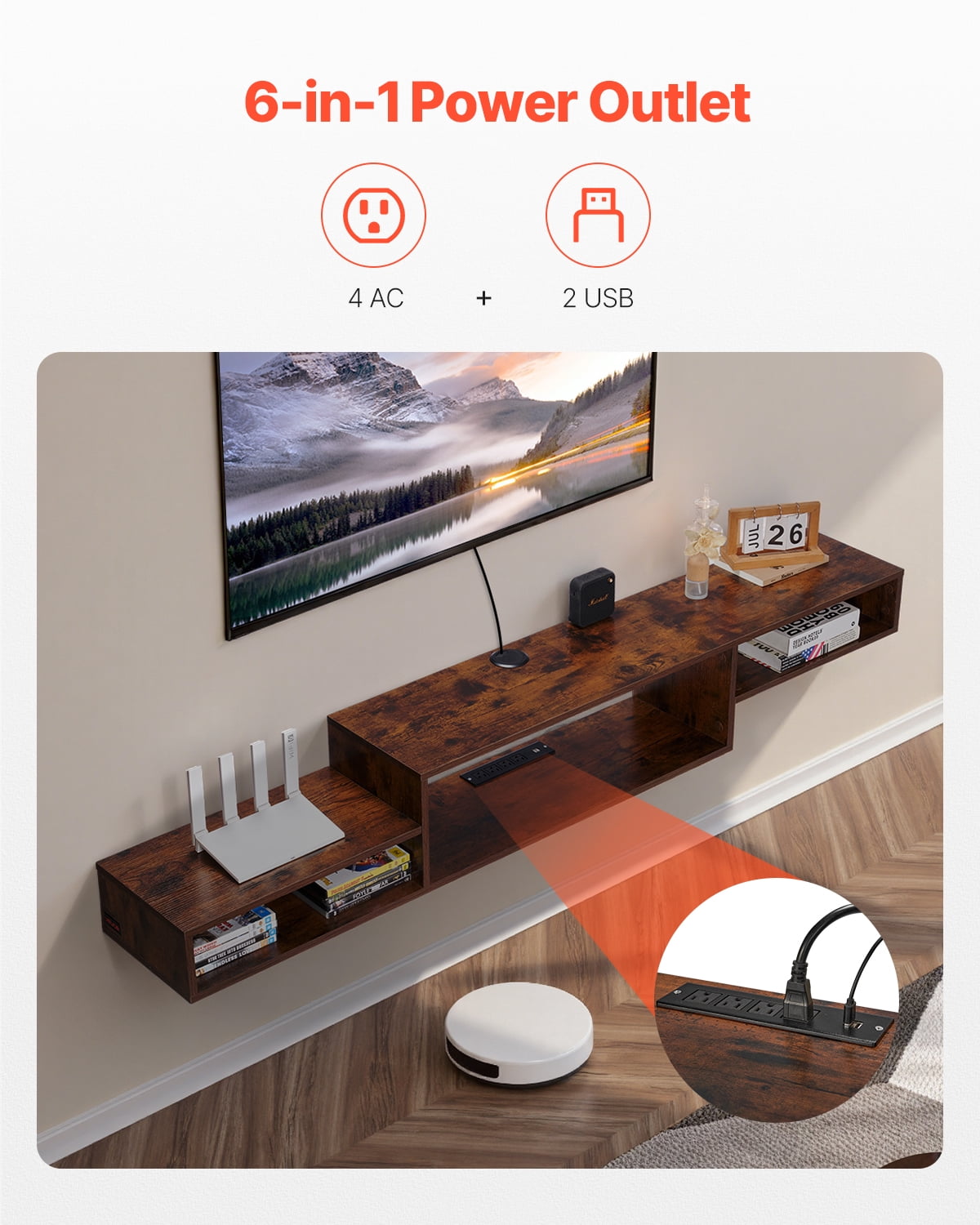 VEVOR Floating TV Stand, 70" Wall Mount Entertainment Center with Power Outlet & Cable Hole, Modern Floating TV Shelf with Storage Cabinet for DVD Player, Cable Box, Game Console,TV Accessory,Wood