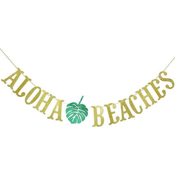 Hawaiian Aloha Beaches Banner Decorations with Palm Leaves Garland for Hawaiian Tropical Luau Beach Summer Party Supplies Decor Favors Bunting Photo Booth Props Sign (Gold & Green Glittery)