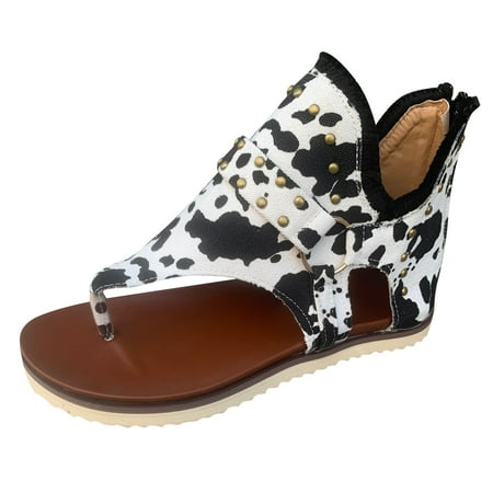 

Women Shoes Fashion Flat Toe Sandals Cow Leopard Print Zipper Toe Sandals