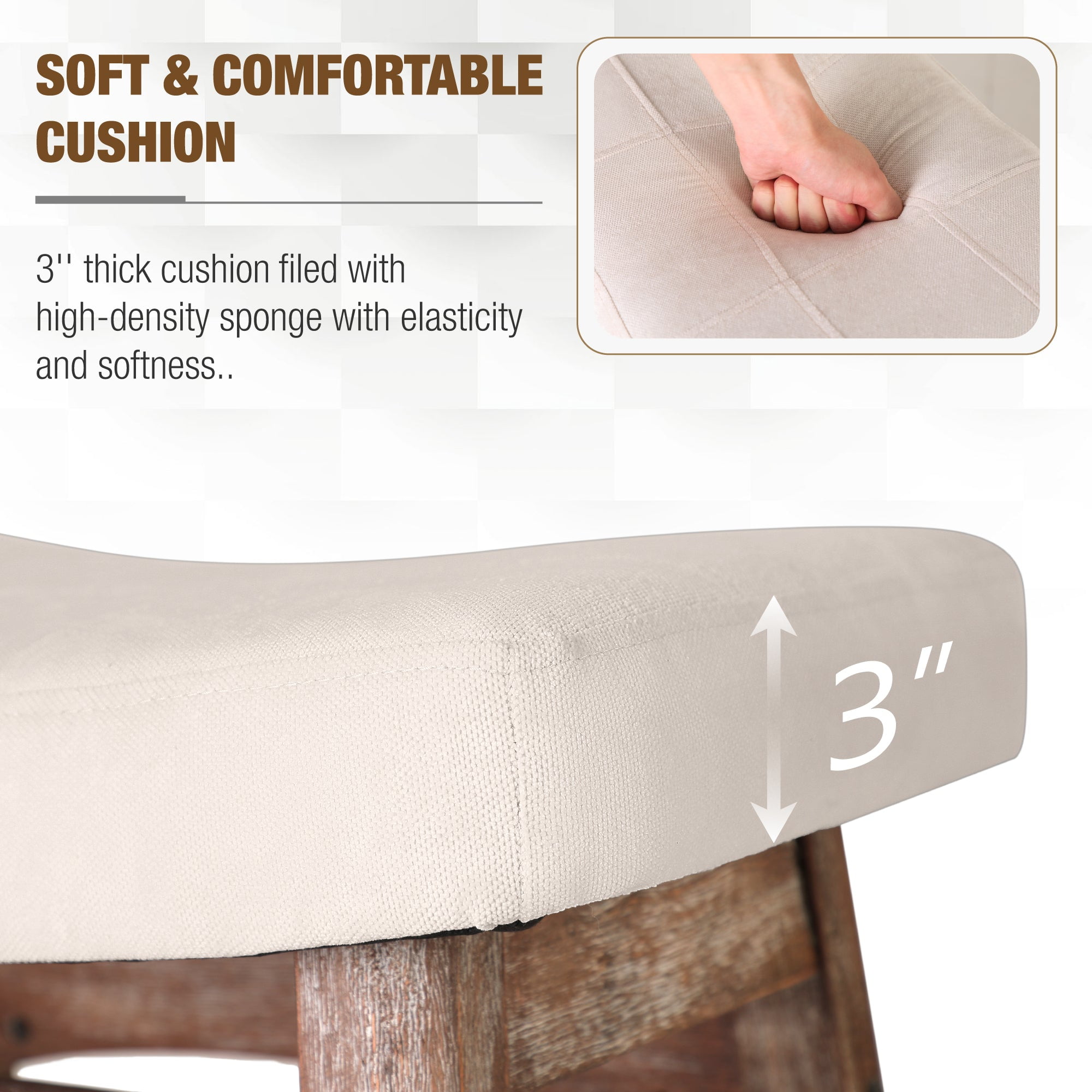 Summit Living 24 inch Wooden Backless Counter Height Bar Stools Set of 3, Linen Saddle Stools Chairs for Kitchen, White