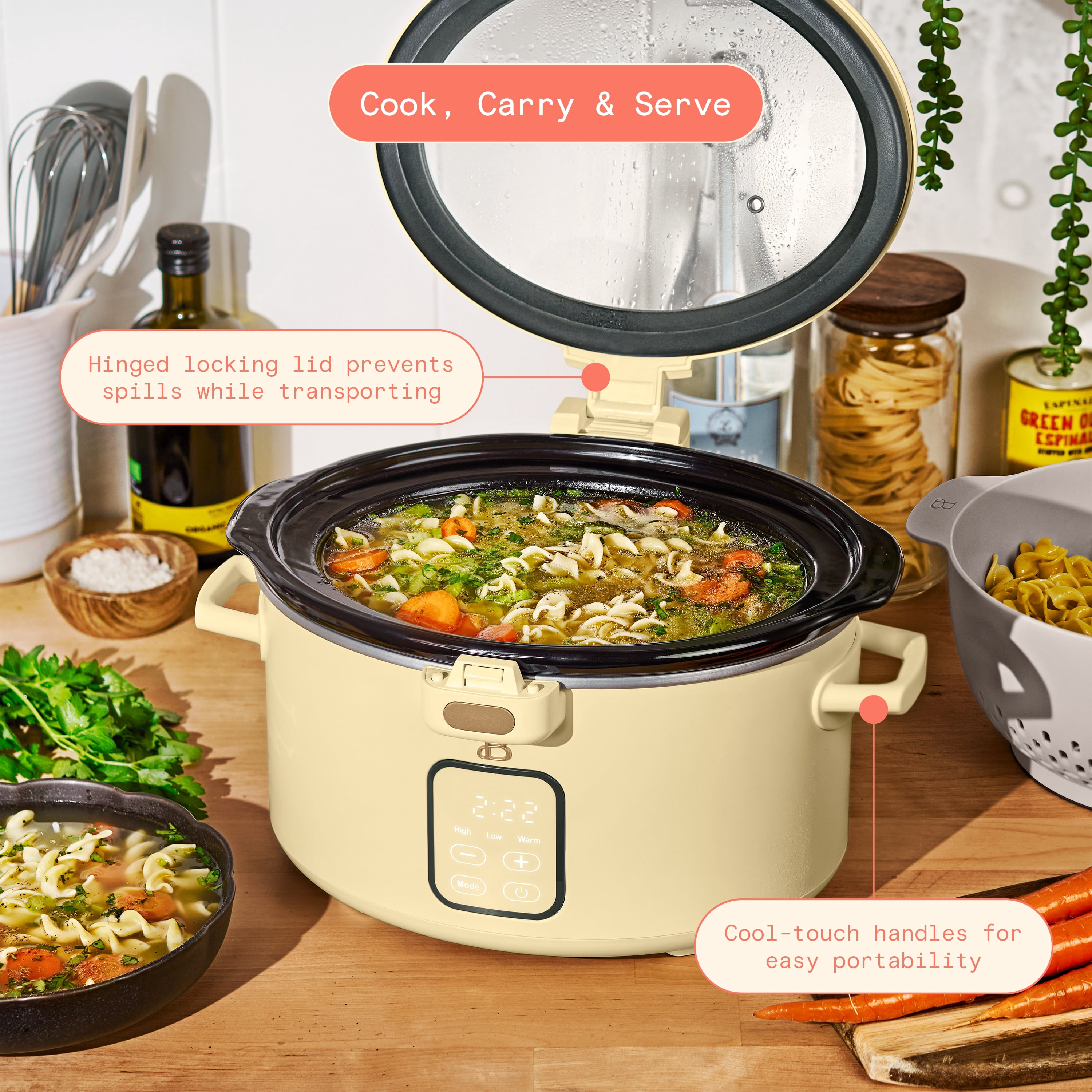 Beautiful 4 Qt Digital Slow Cooker with Hinged Locking Lid, Buttercream by Drew Barrymore