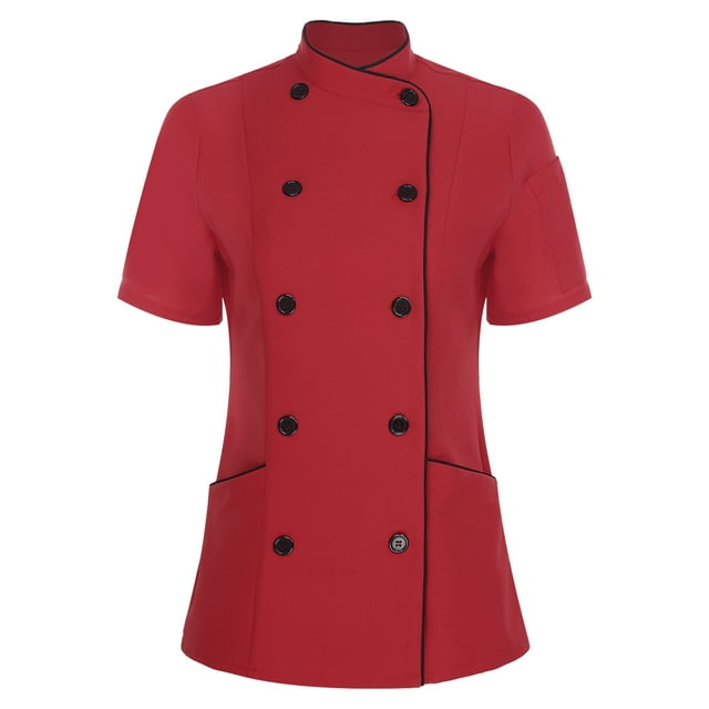 CHICTRY Women's Short Sleeve Cross Collar Chef Coat Double Breasted Chef Jacket Kitchen Restaurant Work Uniform Burgundy XL