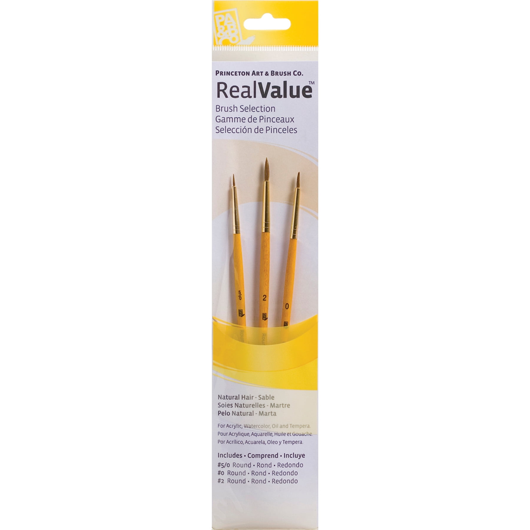 Princeton RealValue Round Brush Set, Camel Bristles, Short Handle Mixed Media Paintbrush, Yellow, 3 Per Set, 6 Sets