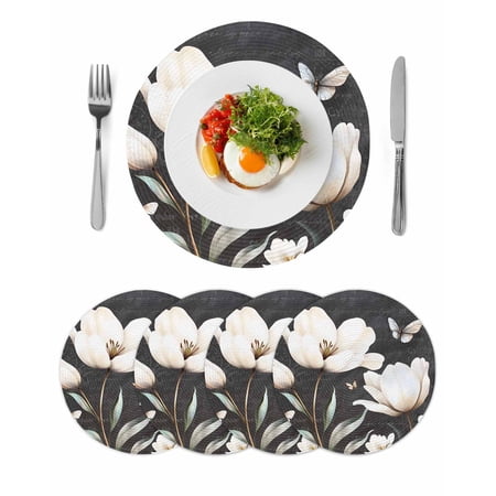 Farmhouse Floral Round 13 Inch Placemats Set of 4 Magnolia Flowers Vintage Blackboard HeatResistant Non Slip Place Mats for Dining Table Wipeable Braided Kitchen Table Mats for Housewarming
