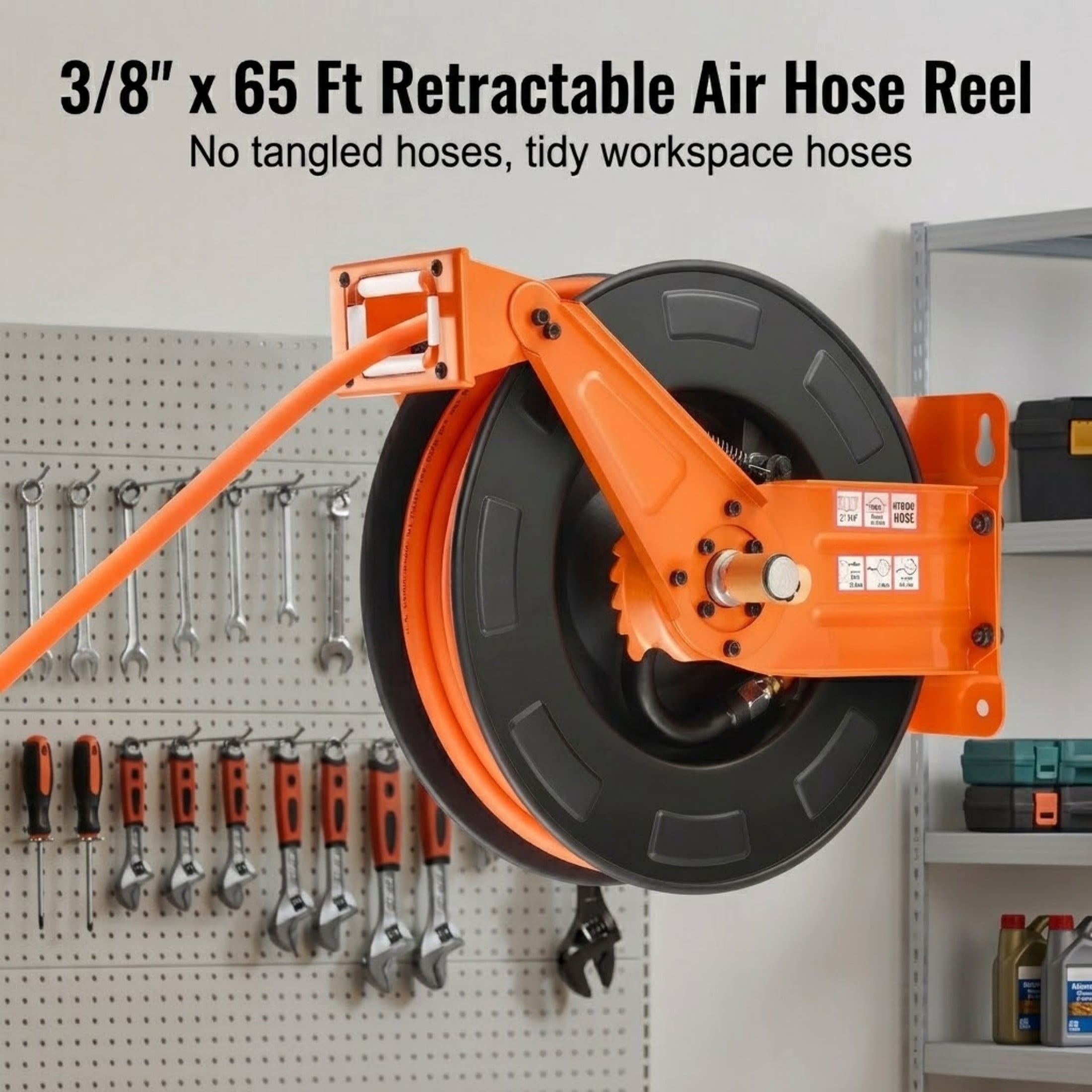 3/8" x 65 ft Retractable Air Hose Reel, Heavy Duty Double Arm Steel Reel with 300 PSI Hybrid Hose