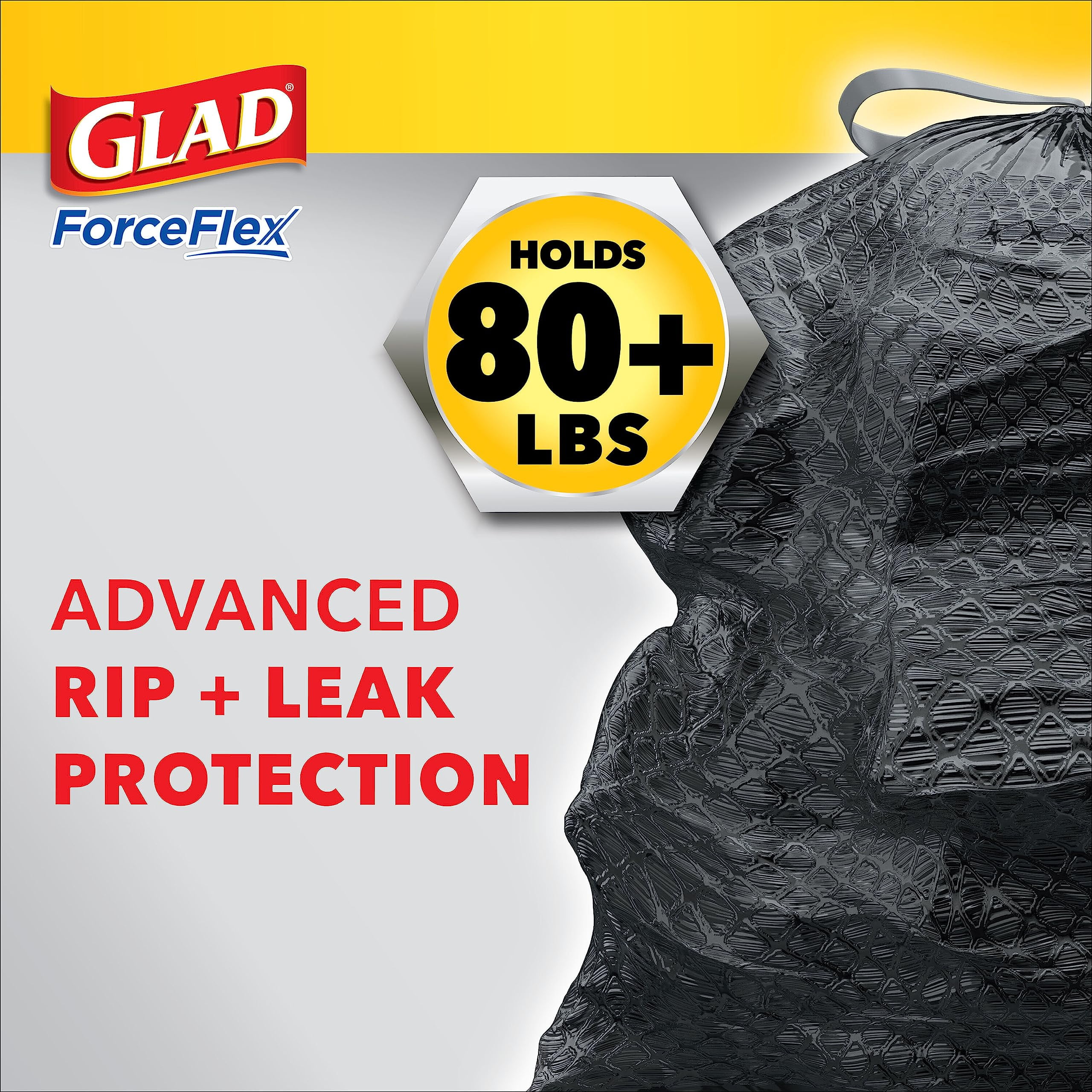 Glad Large Drawstring Trash Bags, Forceflex 30 Gallon Black Trash Bags, 50 Count