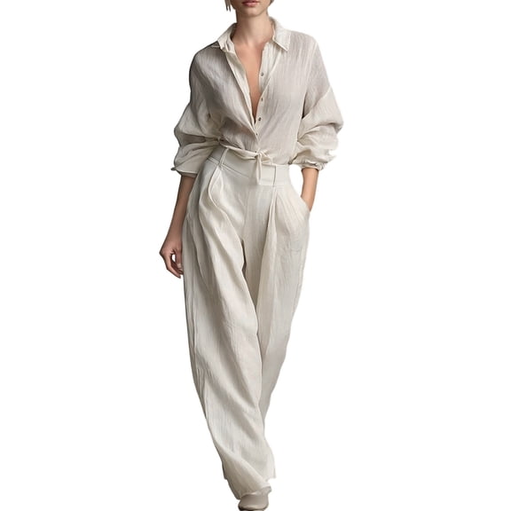 IWRICH Business Casual Outfits for Women Loose Fit Button down Shirt Wide Leg Pants Two Piece Set Matching Sets with Pockets White XL