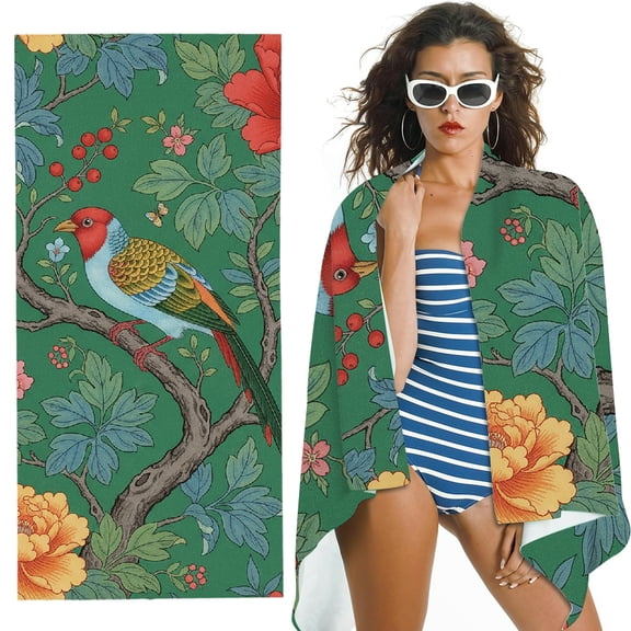 RKSupls Green Chinoiserie Bird Flower  Quick Dry Sand-Free Large Pool  Beach Towel 
 -  Ultra-Soft Microfiber, for Bathroom, beach, Soft Super Absorbent- 30x60 in