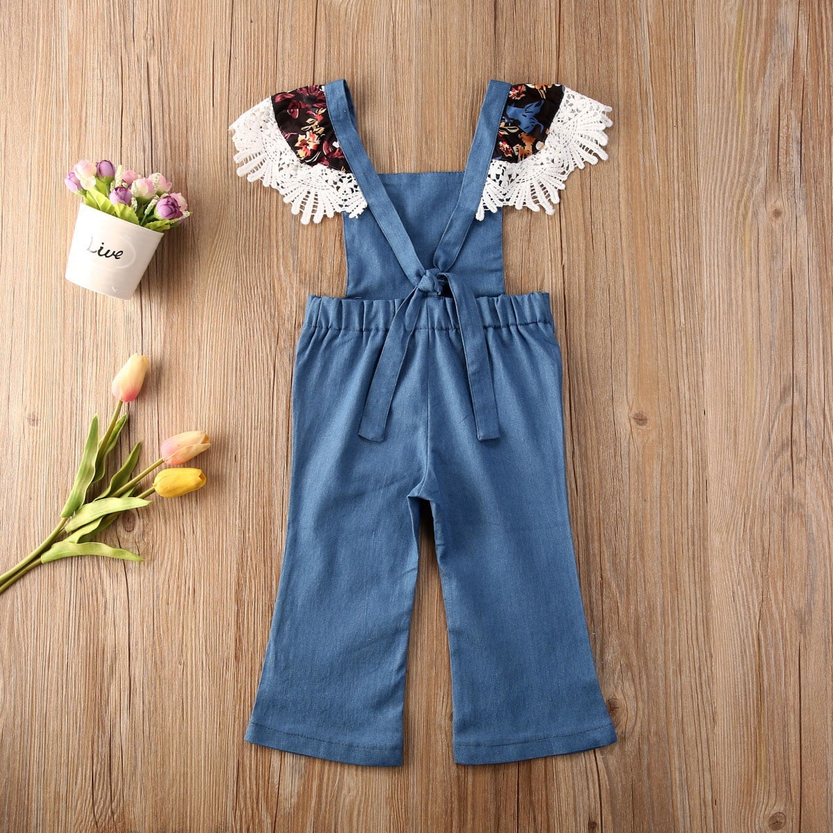 Little Girls Suspender Trousers Sweet Style Denim Lace Splicing Casual ...