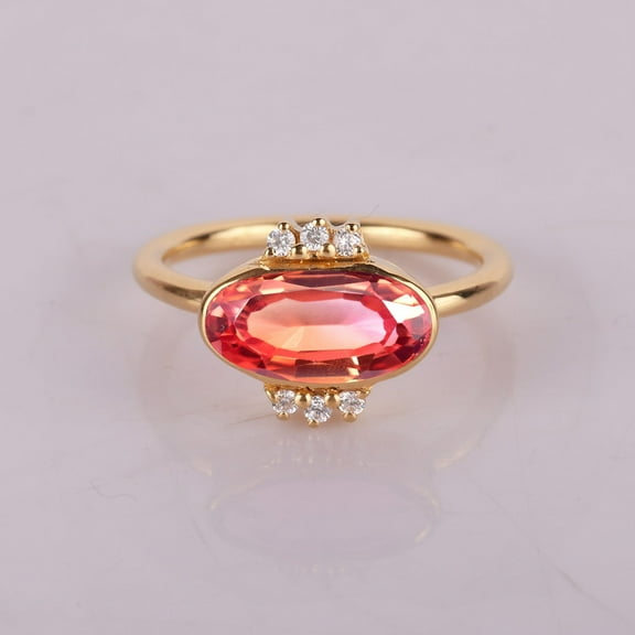 Oval Padparadscha Sapphire And Diamond Engagement Ring, Diamond Stackable Ring, 925 Starling Silver Statement Ring, Minimalist Proposal Ring, Wedding And Anniversary Gift For Her,