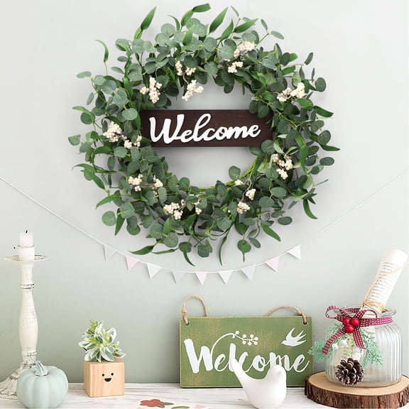 Garvee 20" Eucalyptus Wreaths for Front Door, Spring Summer Green Eucalyptus Wreath with Wood Welcome Sign, Farmhouse Wreath for Wall Window Porch Indoor Outdoor Decor