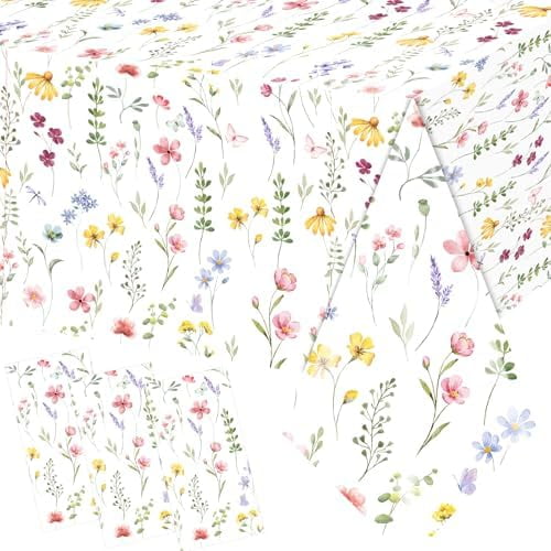 3-Piece Plastic Floral Tablecloth Set Wildflower Butterfly Design for Party Birthday Baby Shower Wedding Decorations
