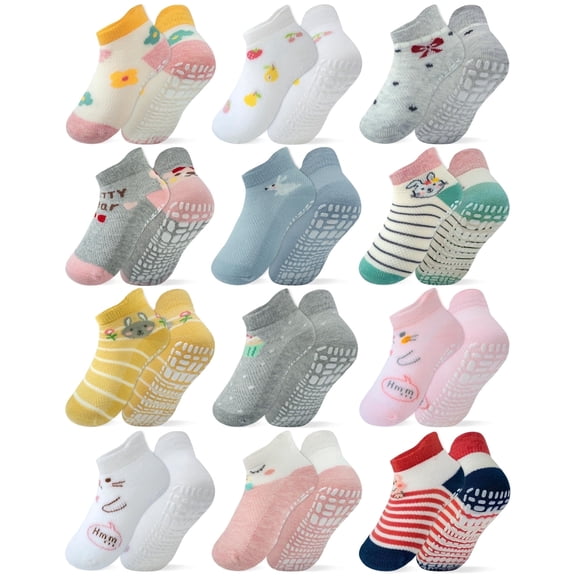 RATIVE Baby Socks Non-Slip Organic Cotton Ankle Socks with Grips for Boys & Girls (6-12 Months, 12-Pairs/AG-200)