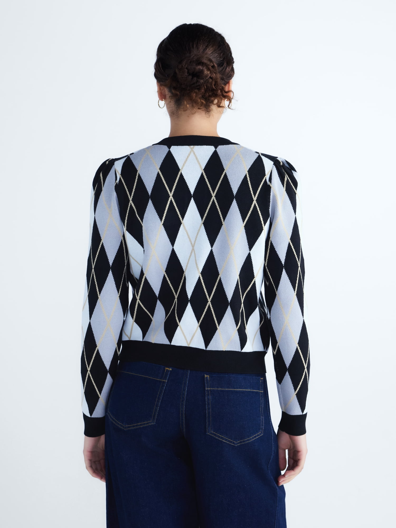 Free Assembly Women's and Women's Plus Argyle Cardigan Sweater with Puff Sleeves, Midweight, Sizes XS-4X