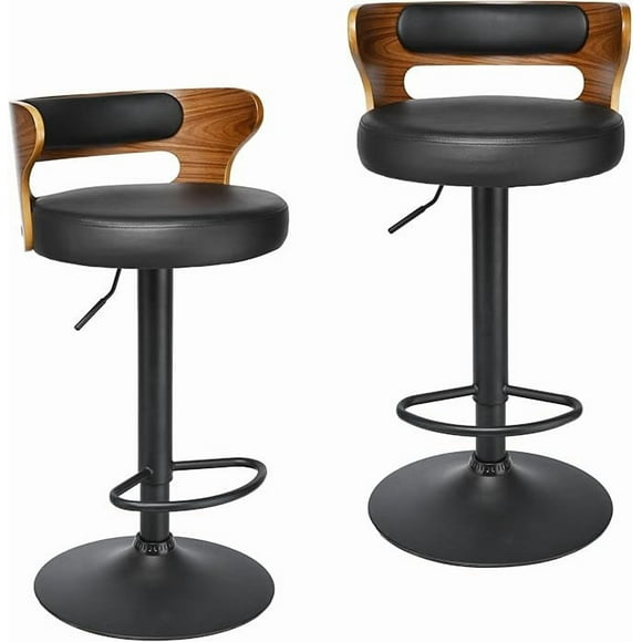 Tabourets de Bar Vintage, Ensemble de 2, Hauteur Réglable 25,2 Pouces - 33,5 Pouces, Tabouret de Comptoir pour Îlot de Cuisine, Tabourets de Bar Pivotants Rembourrés en Cuir PU avec Dossier et Repose-Pieds en Métal