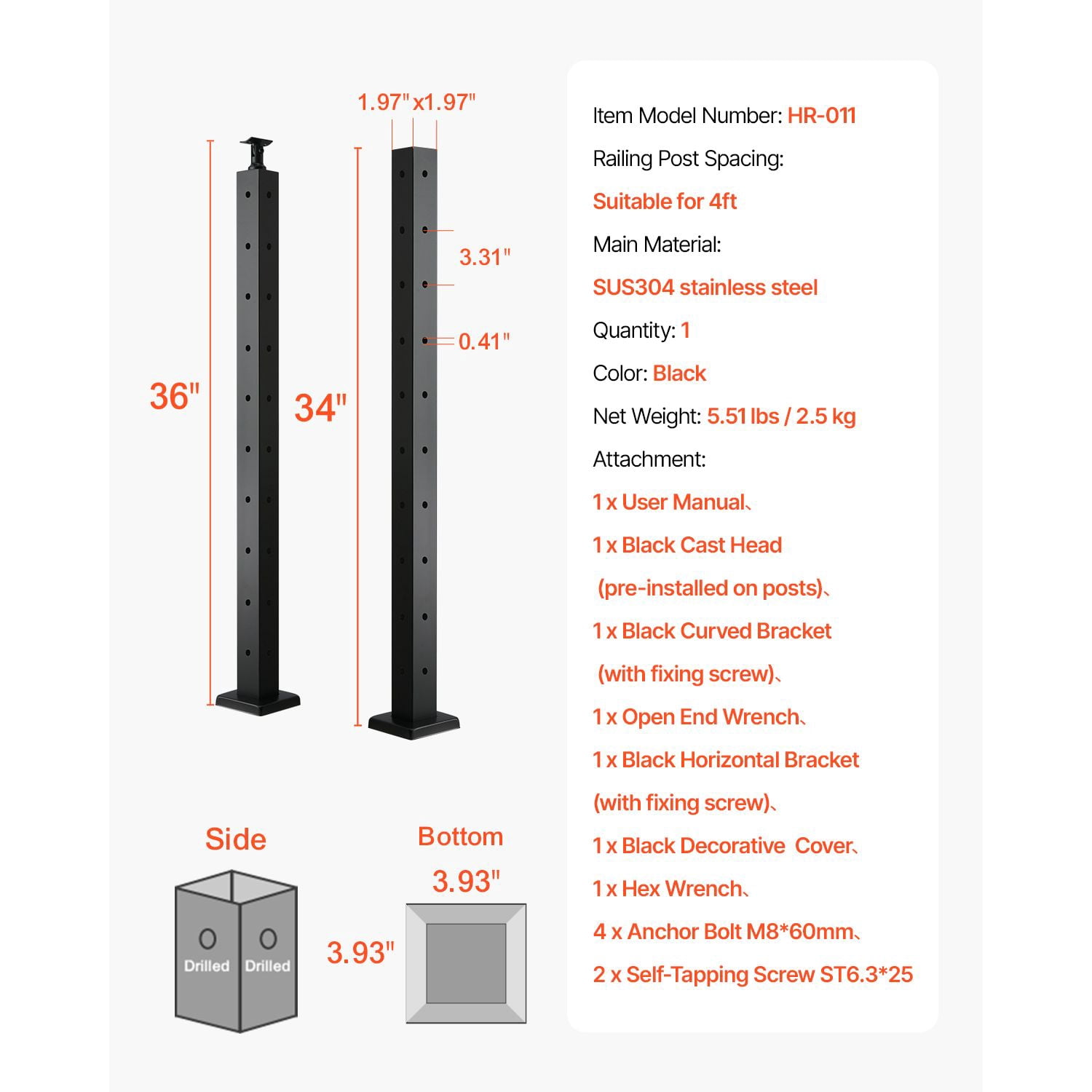 L-Type Hole Cable Railing Post 42", SUS304 Stainless Steel, 12 Pairs of Holes, 3" Spacing, for Corner Deck Stairs Balcony Railing