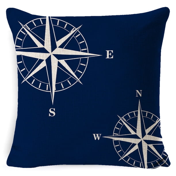Juego de 4 fundas de almohada náuticas de 18.0 x 18.0 in, diseño de ancla, faro, brújula, brújula, fundas de almohada decorativas, fundas de cojín de lino para sofá, cama, decoración del hogar (LXX019-18) Sailing Electrónica