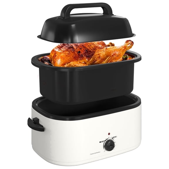 Royalcraft 22 Quart Electric Turkey Roaster Oven with Visible Glass Lid,Removable Pan & Rack, Stainless Steel, White