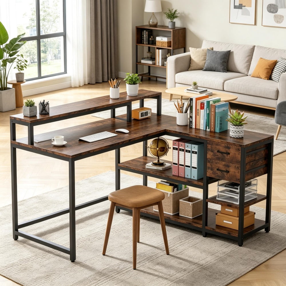 L-Shaped Corner Desk with Shelves & Drawers, Monitor Riser Workstation, E1 Particle Board Metal Frame Computer Desk for Home Office Gaming