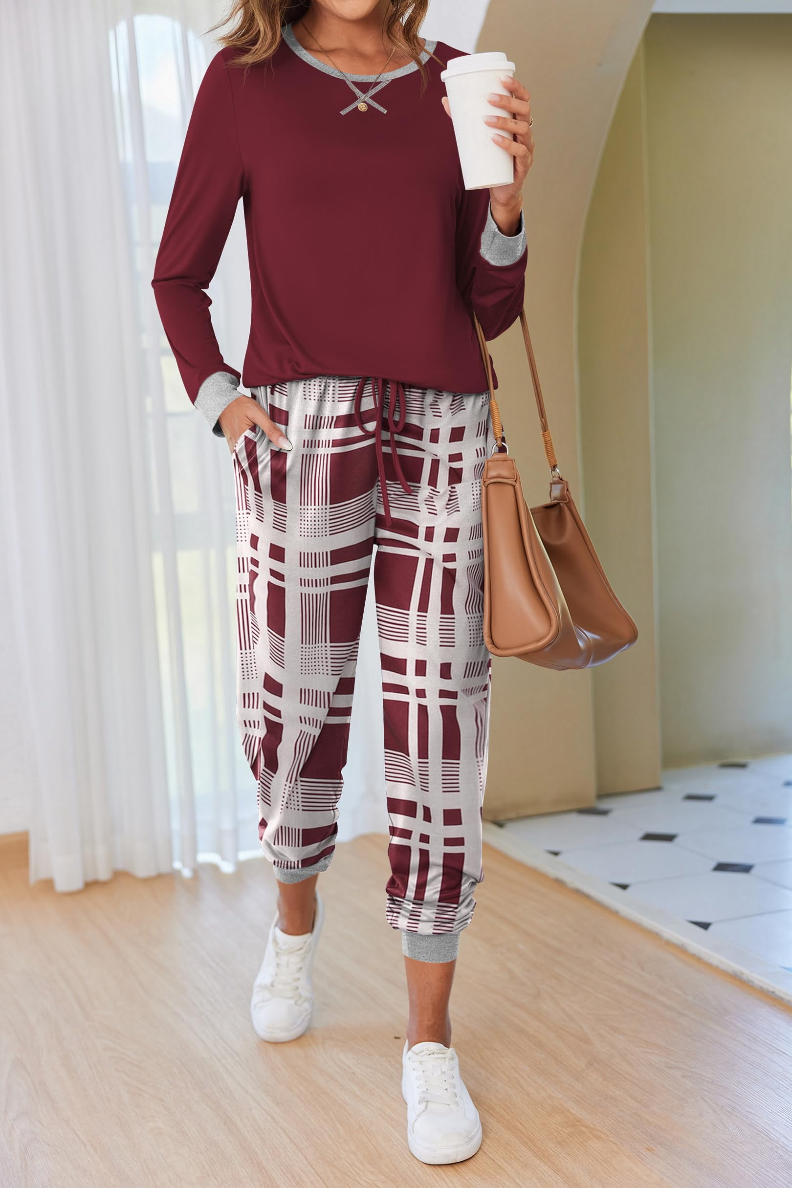 KISSGAL Women Pajama Sets with Pocket Comfy Long Sleeve Pajama with Plaid Jogger Pants Lounge Sets Crew Neck Soft Christmas Sleepwear