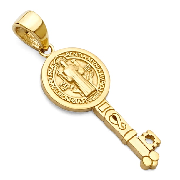 14k Gold Medalla San Benito - Key San Benito Gold Pendant - Solid Chain - LE2267