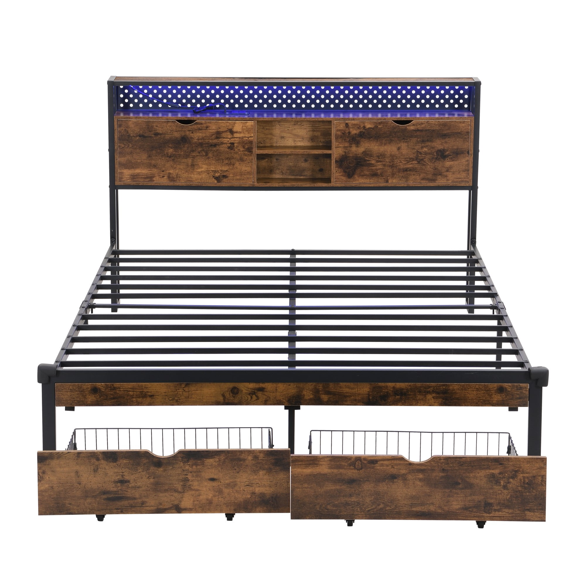 Gewnee King Size Metal Platform Bed with Wooden Headboard & Footboard - LED Light, Storage Drawers, Charging Station, No Box Spring, for Bedroom/Dorm