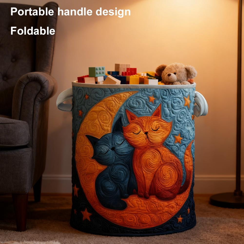 Large Quilted Laundry Basket with Handles, Foldable Boho Cat Floral Hamper for Nursery, Bedroom, Laundry Room - 16" x 22"