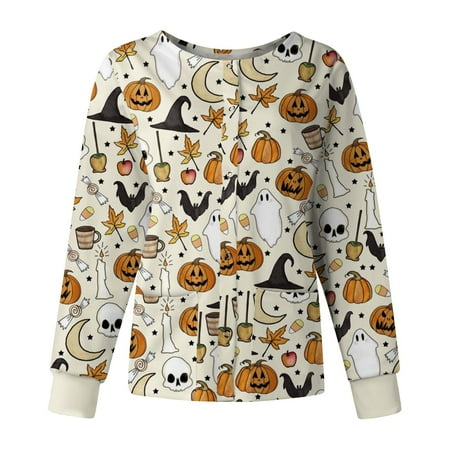 

Womens Plus Size Scrub Top Short Sleeve Pumpkin Print Scrubs Nurse Workwear Uniform Tops