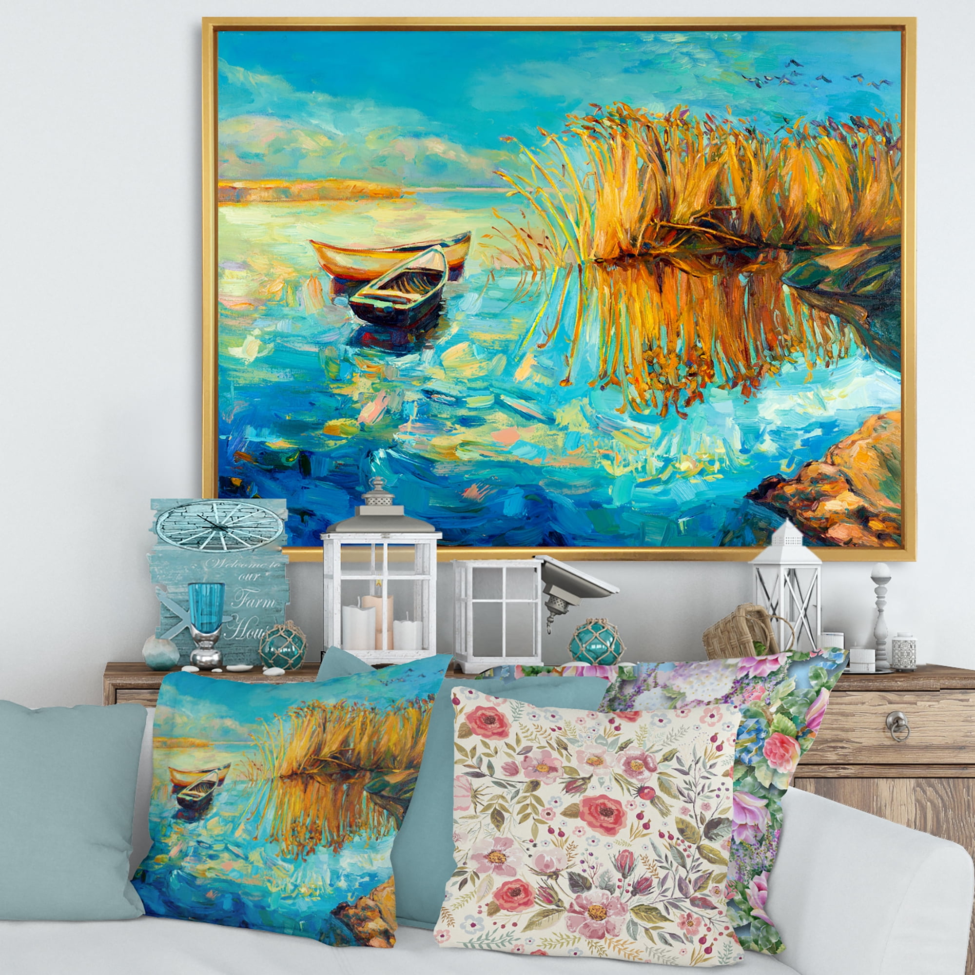 Designart 'Orange Trees With Turquoise Lake During Sunset' Nautical & Coastal Framed Canvas Wall Art Print